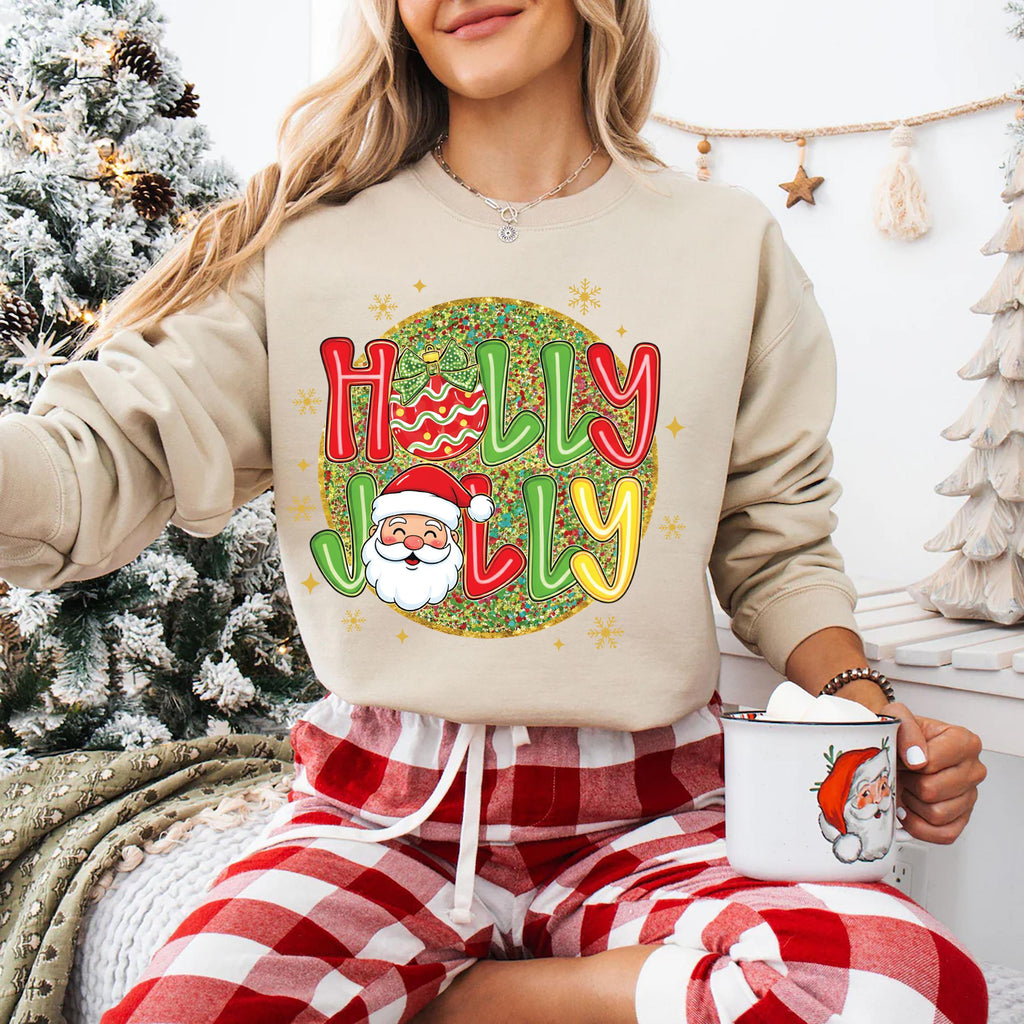 Holly Jolly Vibes with Santa Claus Sweatshirt, Preppy Christmas Shirt, Trendy Holiday Sweatshirt