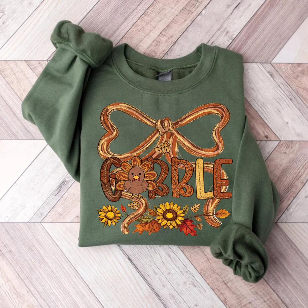 Thanksgiving Gobble Coquette Sweatshirt, Fall Turkey Shirt, Floral Fall Brushstroke Sweatshirt