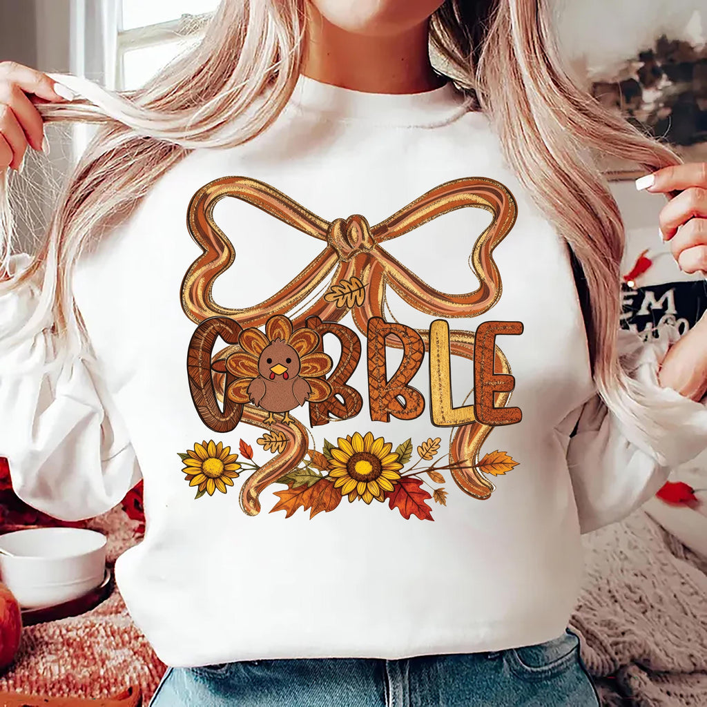 Thanksgiving Gobble Coquette Sweatshirt, Fall Turkey Shirt, Floral Fall Brushstroke Sweatshirt