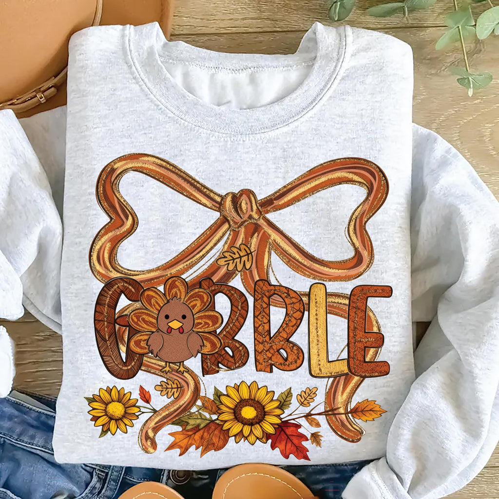 Thanksgiving Gobble Coquette Sweatshirt, Fall Turkey Shirt, Floral Fall Brushstroke Sweatshirt