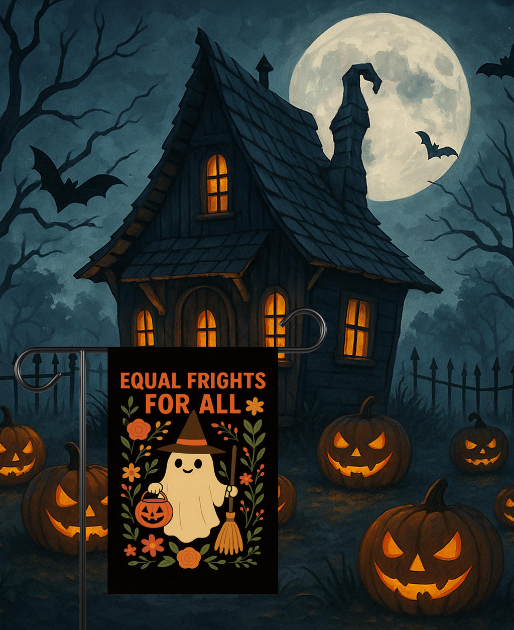 Equal Frights For All Halloween Ghost Garden Flag, Resist Fascism Anti-Trump Political Protest, Ghost Pumpkin Equality Social Justice Flag