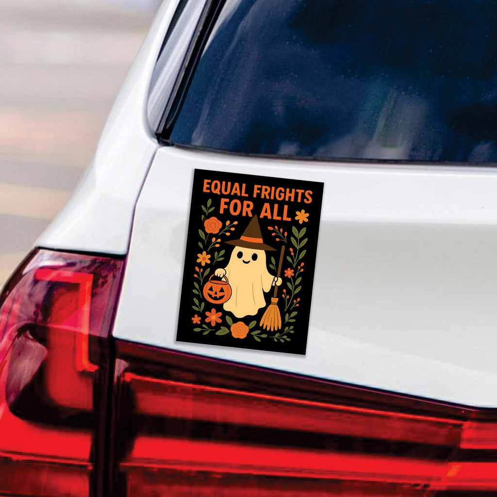 Equal Frights for All Magnet, Halloween Ghost Pumpkin Political Magnet, Social Justice Equality Decor for Fridge or Car, 6" x 4.5"