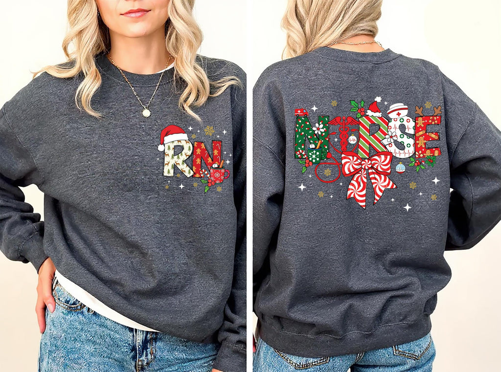 Christmas Registered Nurse Sweatshirt, Christmas Nurse Shirt, Merry Nurse Crewneck Sweatshirt, Front Back