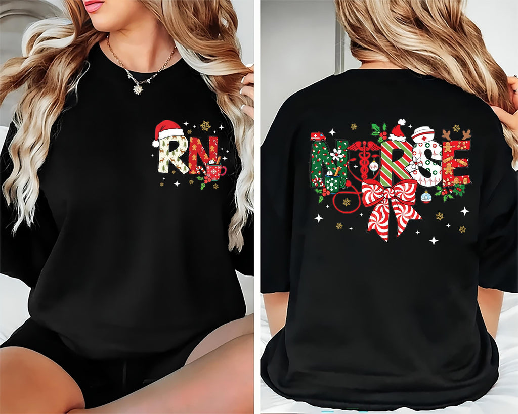 Christmas Registered Nurse Shirt, Christmas Nurse Shirt, Merry Nurse Crewneck Tee, Front Back