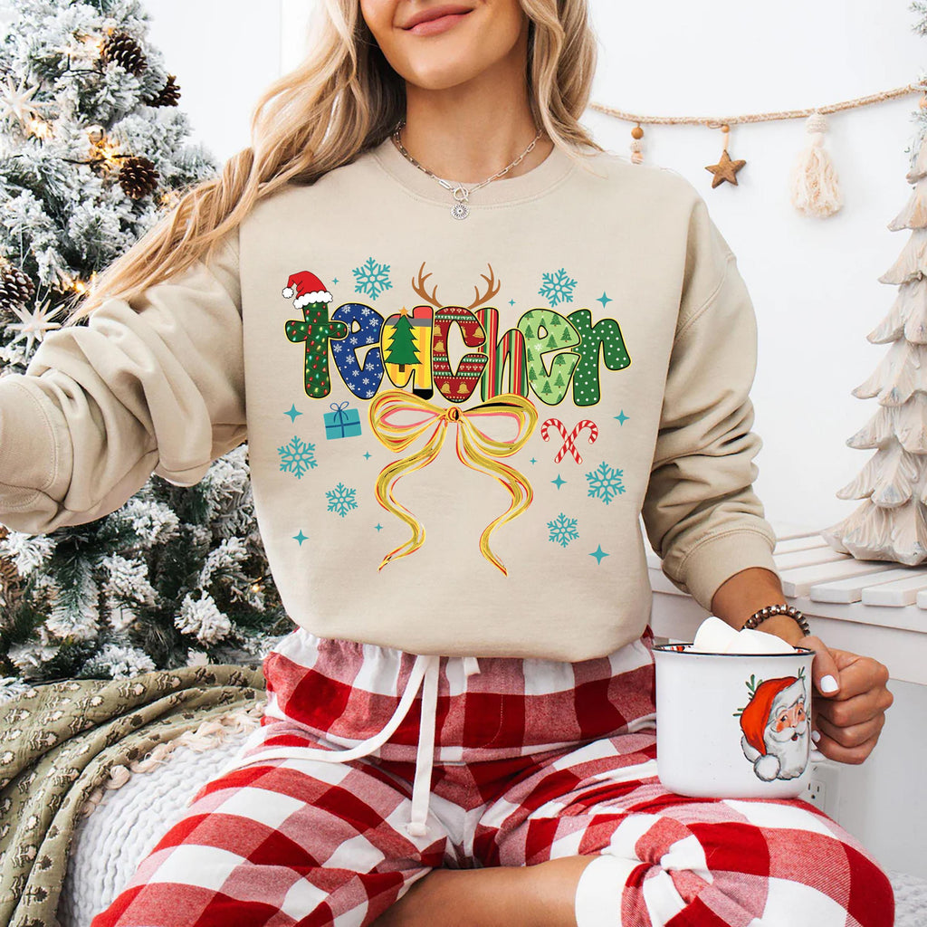 Coquette Christmas Teacher Sweatshirt, Merry Christmas Teacher Shirt, Christmas Teacher Coquette Bow Sweatshirt