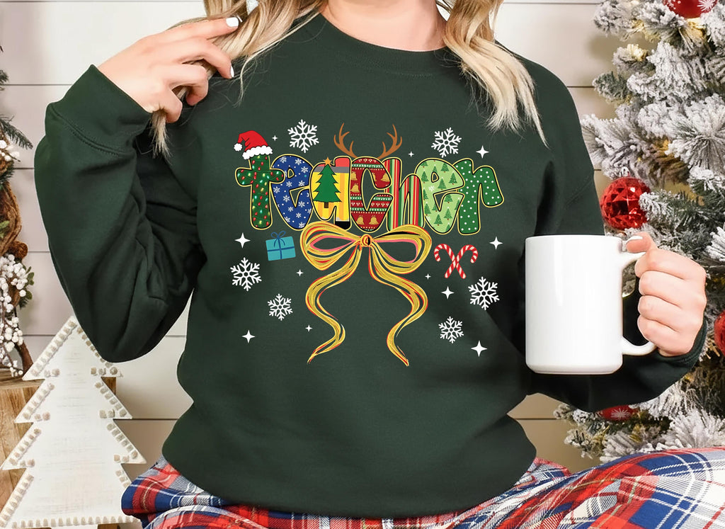 Coquette Christmas Teacher Sweatshirt, Merry Christmas Teacher Shirt, Christmas Teacher Coquette Bow Sweatshirt