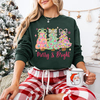 Merry and Bright Sweatshirt, Merry and Bright Christmas Tree Coquette Shirt, Preppy Merry Christmas Sweatshirt