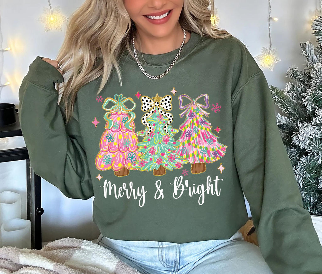 Merry and Bright Sweatshirt, Merry and Bright Christmas Tree Coquette Shirt, Preppy Merry Christmas Sweatshirt