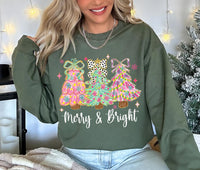 Merry and Bright Sweatshirt, Merry and Bright Christmas Tree Coquette Shirt, Preppy Merry Christmas Sweatshirt