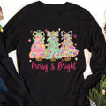 Merry and Bright Long Sleeve Shirt, Merry and Bright Christmas Tree Coquette Shirt, Preppy Merry Christmas Tee