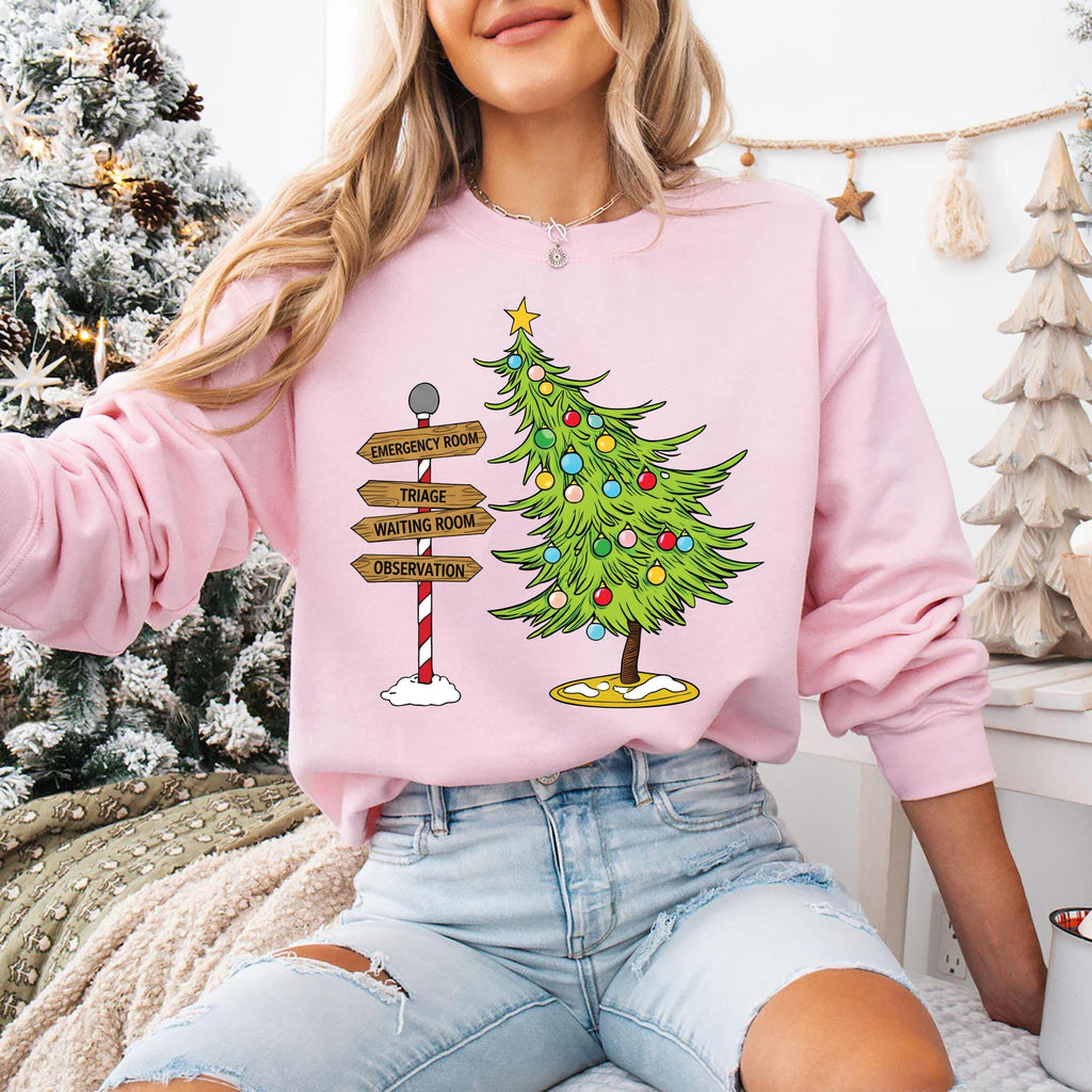Funny Christmas Emergency Department Nurse Sweatshirt, ER Nurse Gift Shirt, Emergency Medicine Christmas Tree Sweatshirt