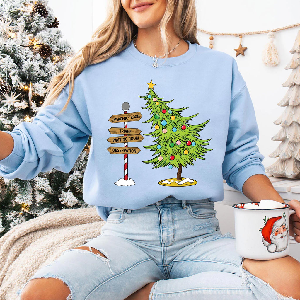 Funny Christmas Emergency Department Nurse Hoodie, ER Nurse Gift Shirt, Emergency Medicine Christmas Tree Hoodie