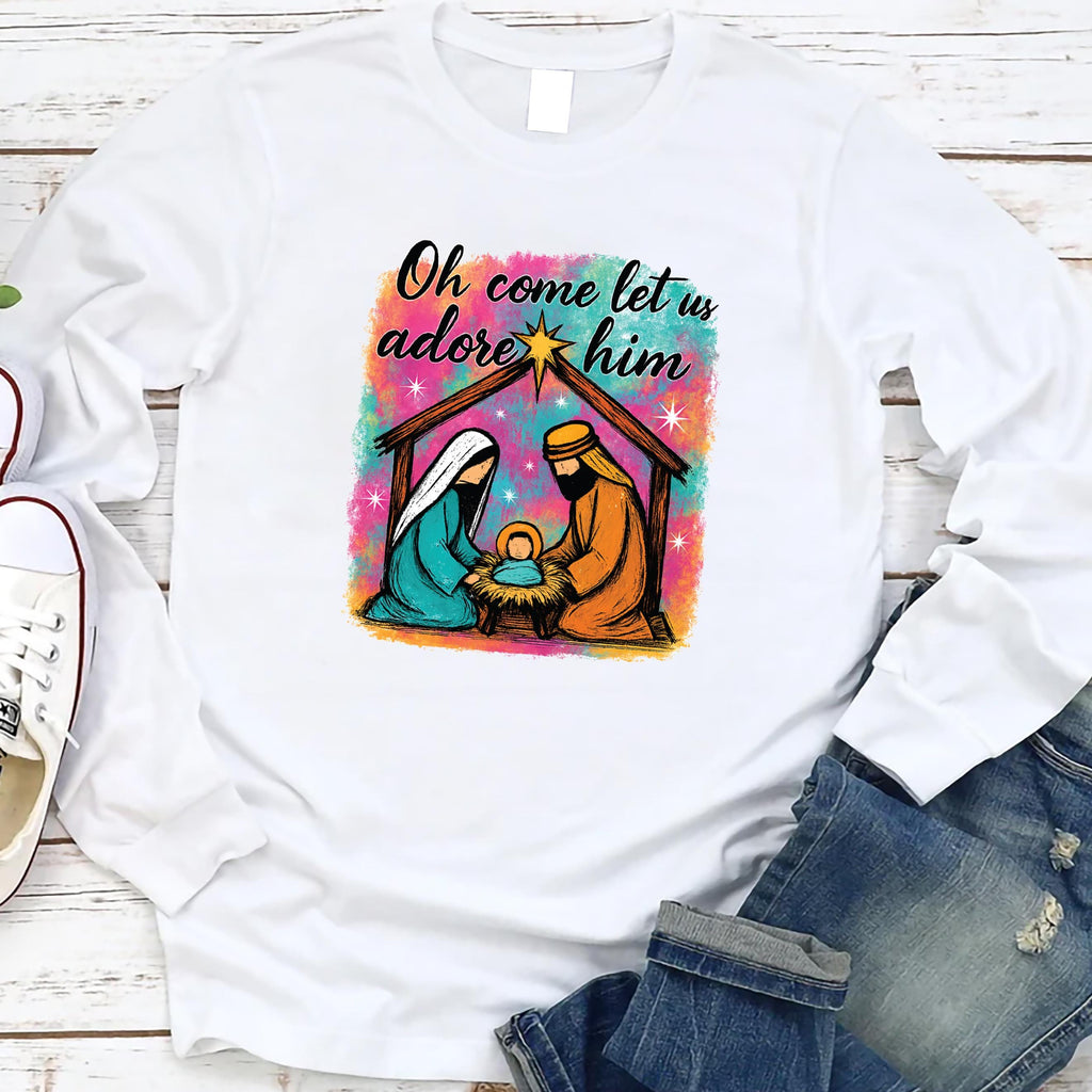Oh Come Let Us Adore Him Long Sleeve Shirt, Christian Shirt, Nativity Scene Tee
