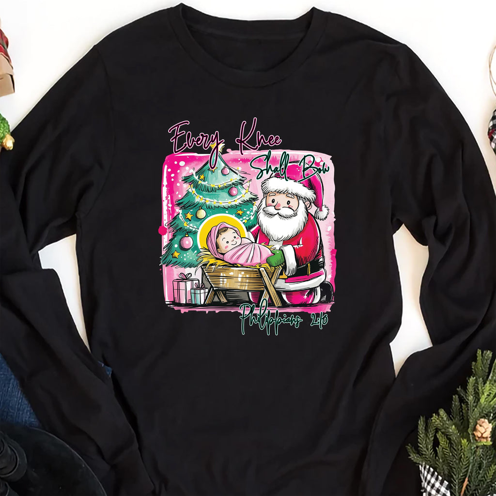 Nativity Scene Long Sleeve Shirt, Watercolor Baby Jesus Shirt, Every Knee Shall Bow Christmas Tee