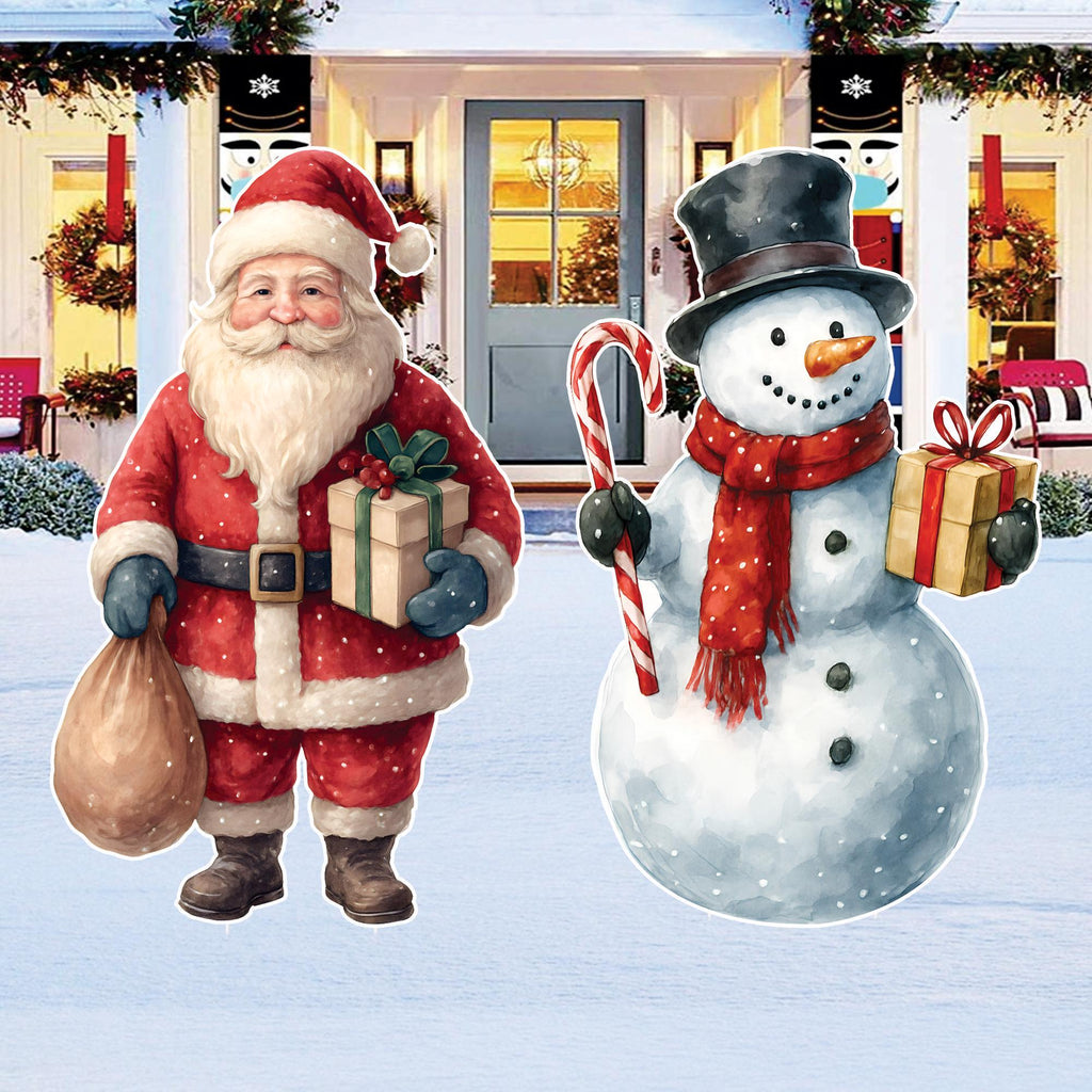 Christmas Yard Signs, Santa Claus and Snowman Lawn Decorations with Stakes, Vintage Outdoor Holiday Décor for Garden Porch Pathway