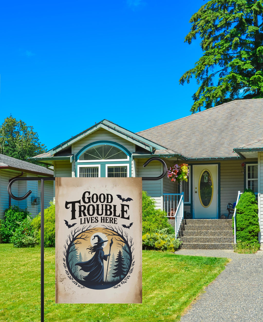 Subtle Anti-Trump Good Trouble Halloween Protest Garden Flag, Feminist Witch, Resist Fascism Yard Flag, Subtle Harvest Fall Outdoor Flag