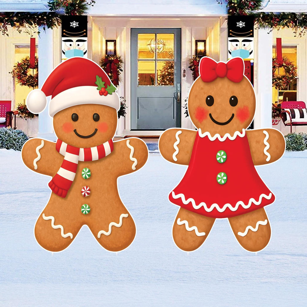 Christmas Gingerbread Boy & Girl Yard Signs, Outdoor Holiday Lawn Decorations with Metal Stakes, Cute Winter Garden Xmas Porch Décor