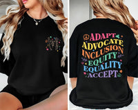 Adapt Advocate Inclusion Equality Equity Accept Shirt, Special Education Teacher, Autism Awareness Tee, Front Back