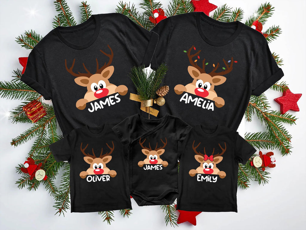 Reindeer Family Christmas Shirt, Personalized Christmas Family Shirt, Custom Family Name Tee