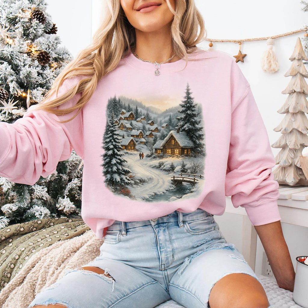 Retro Christmas Winter Village Sweatshirt, Nineties 90s Mountain Pine Trees Shirt, Decorated Cabins Sweatshirt