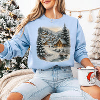 Retro Christmas Winter Village Sweatshirt, Nineties 90s Mountain Pine Trees Shirt, Decorated Cabins Sweatshirt