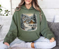 Retro Christmas Winter Village Hoodie, Nineties 90s Mountain Pine Trees Shirt, Decorated Cabins Hoodie
