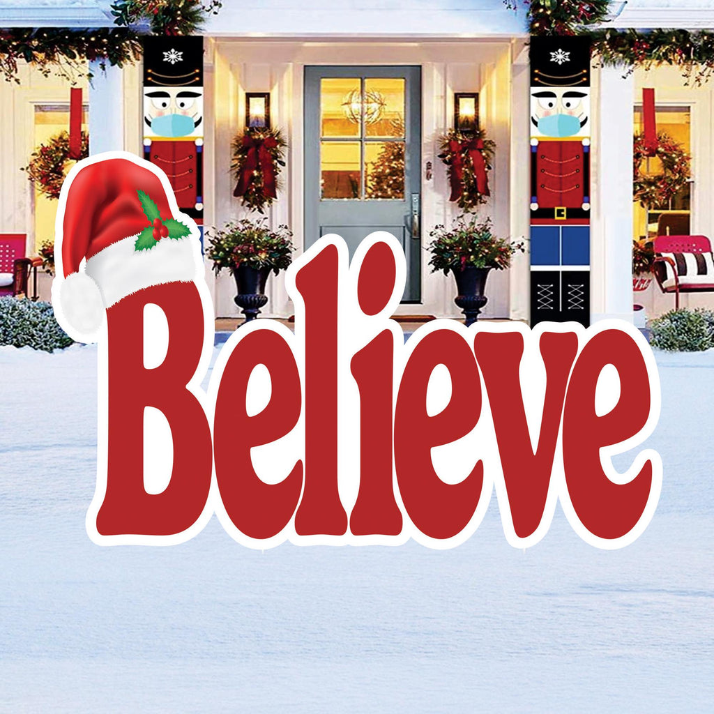 Christmas Believe Yard Sign, Outdoor Holiday Lawn Welcome Decoration with Stakes, Merry Xmas Porch Garden Party Décor for Winter Display