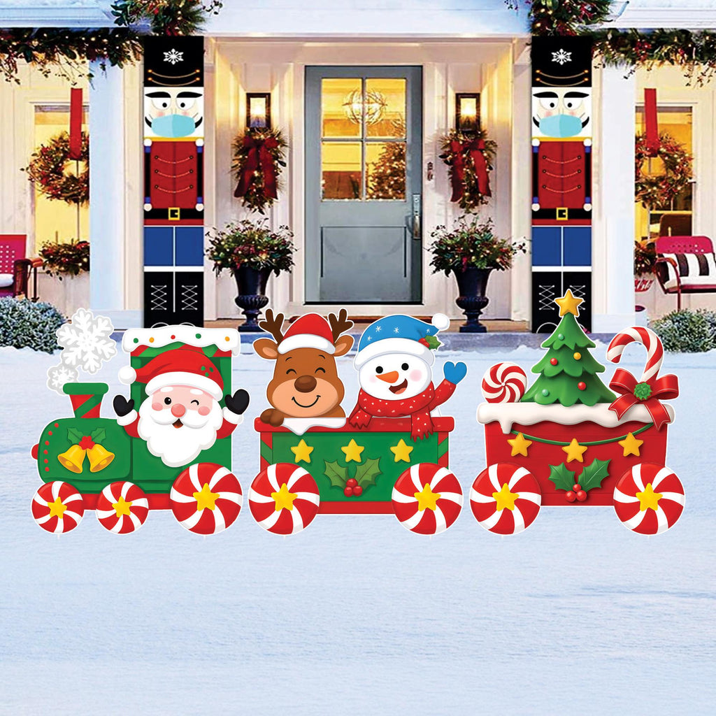 Christmas Train Yard Signs, Outdoor Santa Reindeer Snowman Lawn Decorations with Stakes, Xmas Holiday Garden Pathway Winter Party Décor