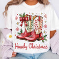 Howdy Christmas Shirt, Cowgirl Boots Christmas Shirt, Coquette Cowgirl Tee