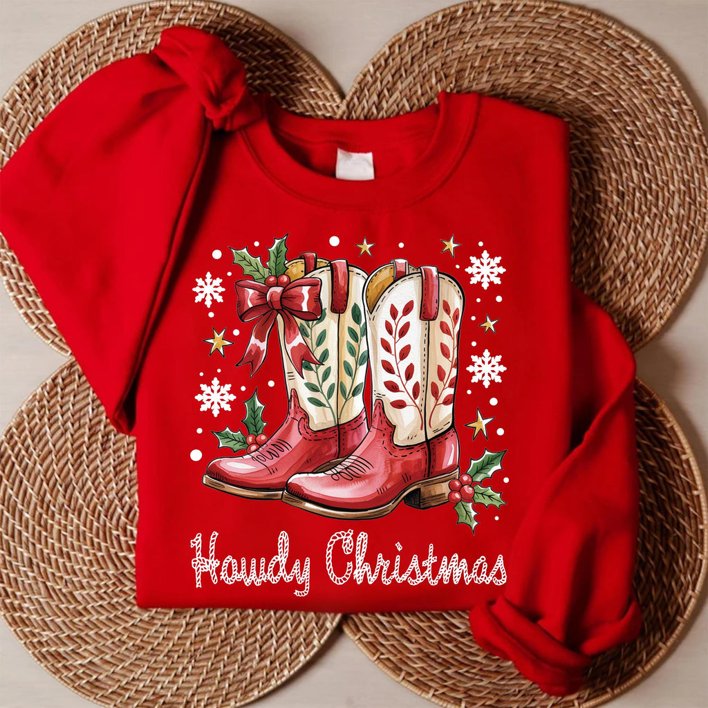 Howdy Christmas Sweatshirt, Cowgirl Boots Christmas Shirt, Coquette Cowgirl Sweatshirt