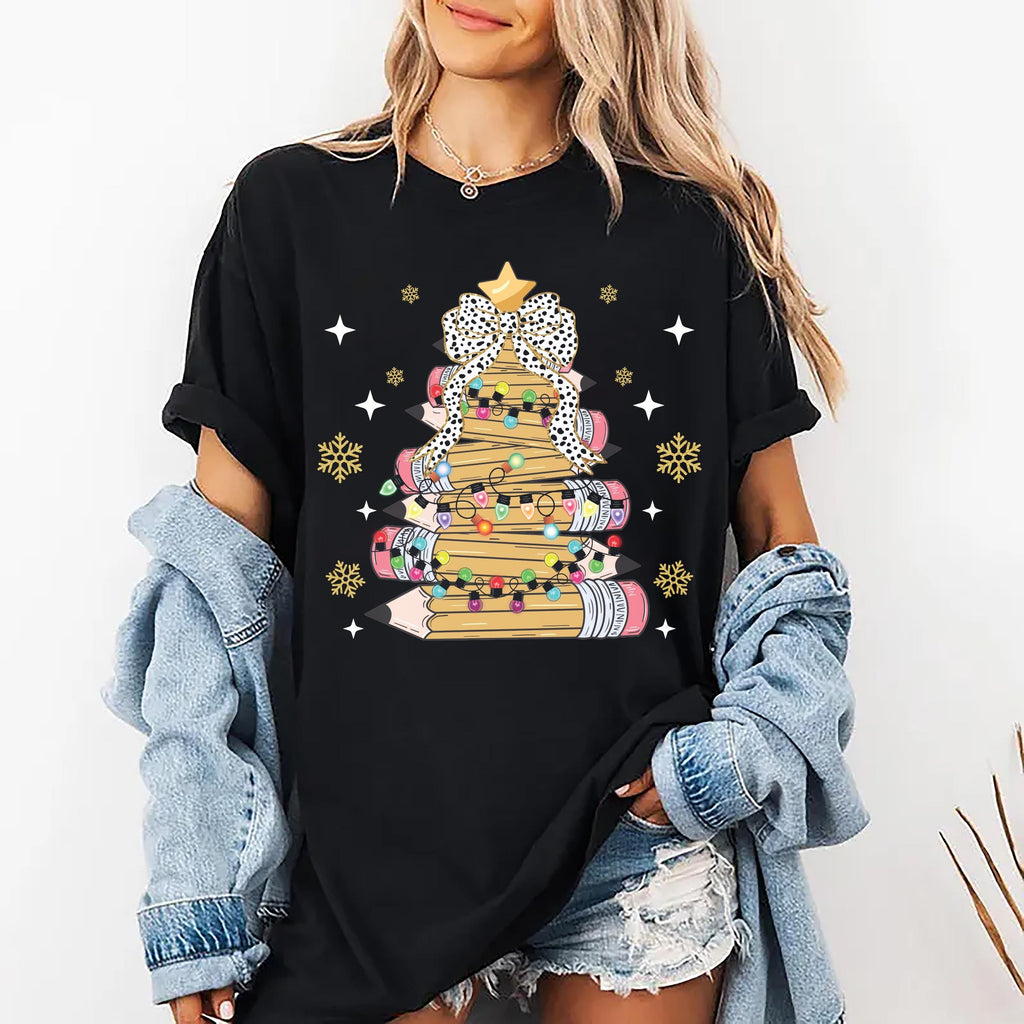 Christmas Pencil Tree Teacher Shirt, Crayon Tree Light Shirt, Teacher Christmas Tee