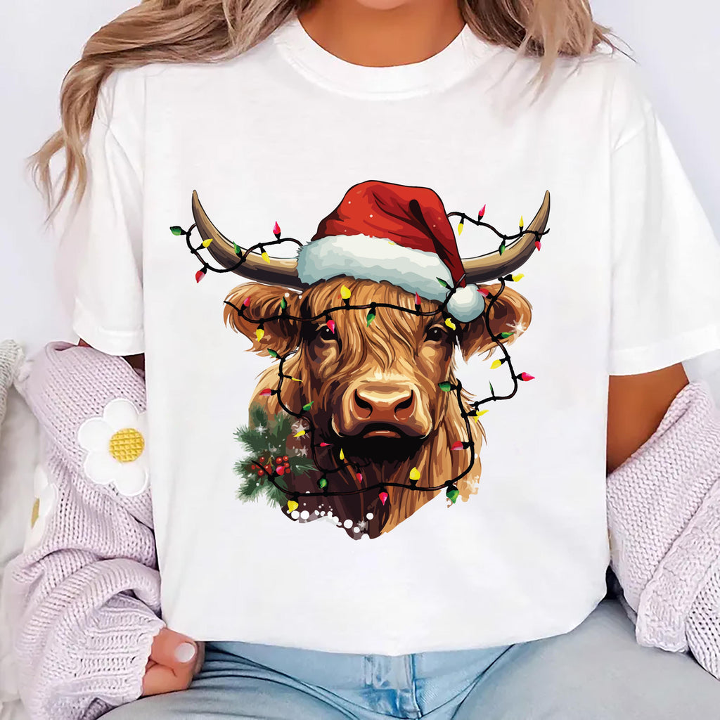 Highland Cow Christmas Shirt, Cow with Christmas Lights Shirt, Holiday Western Farm Tee
