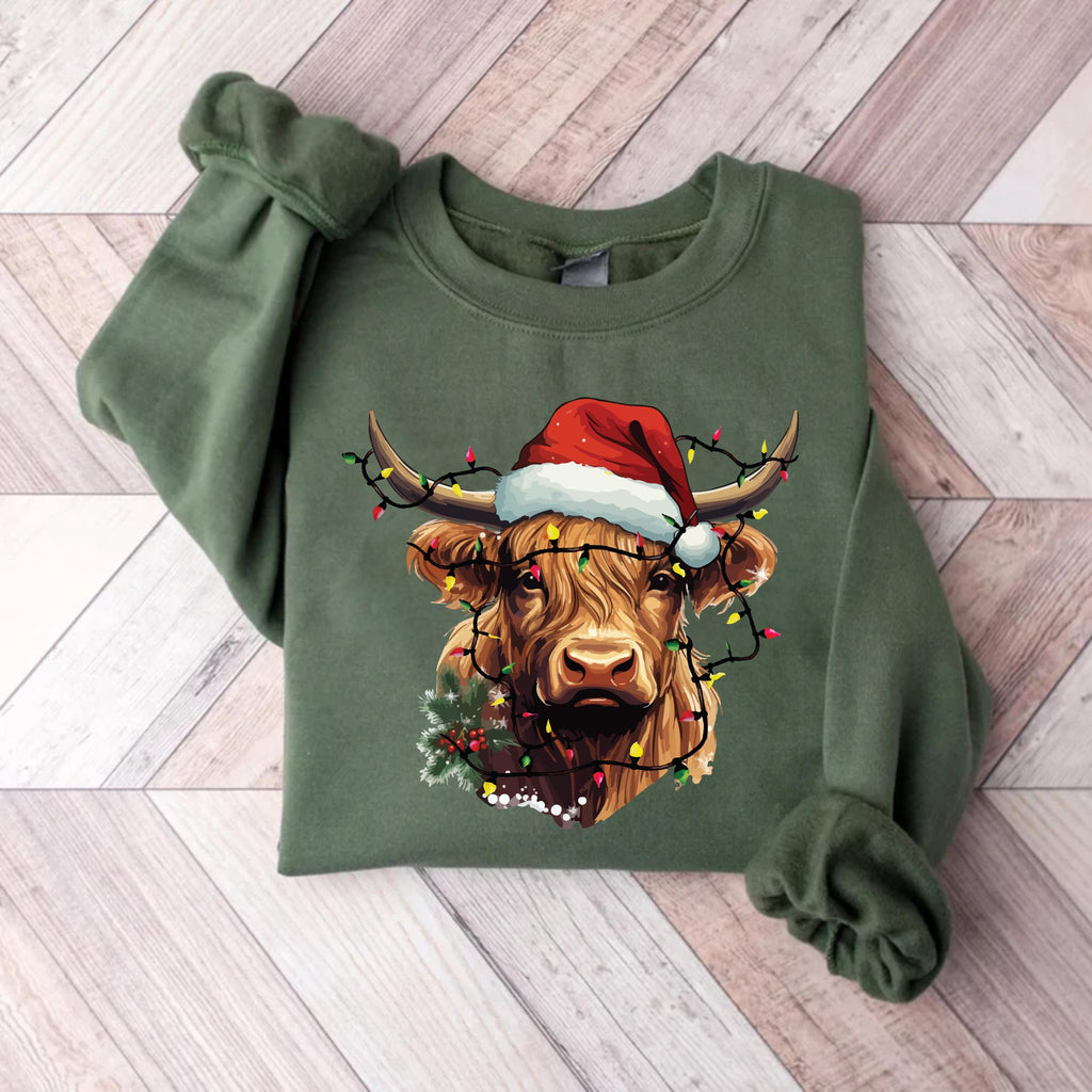 Highland Cow Christmas Sweatshirt, Cow with Christmas Lights Shirt, Holiday Western Farm Sweatshirt