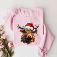 Highland Cow Christmas Sweatshirt, Cow with Christmas Lights Shirt, Holiday Western Farm Sweatshirt