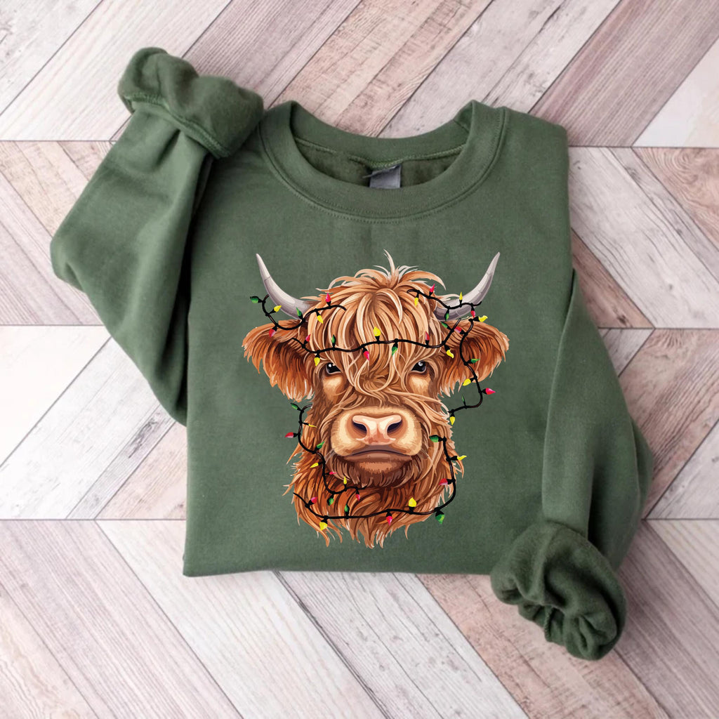 Highland Cow Christmas Sweatshirt, Cow with Christmas Lights Shirt, Holiday Western Farm Sweatshirt