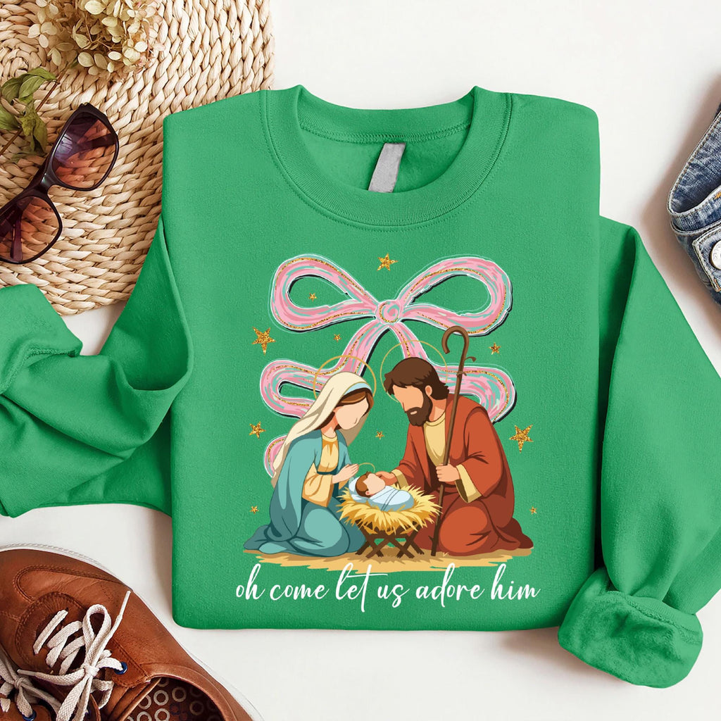 Jesus Christmas Coquette Bow Sweatshirt, Oh Come Let Us Adore Him Shirt, Nativity Scene Sweatshirt