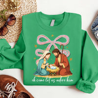 Jesus Christmas Coquette Bow Sweatshirt, Oh Come Let Us Adore Him Shirt, Nativity Scene Sweatshirt