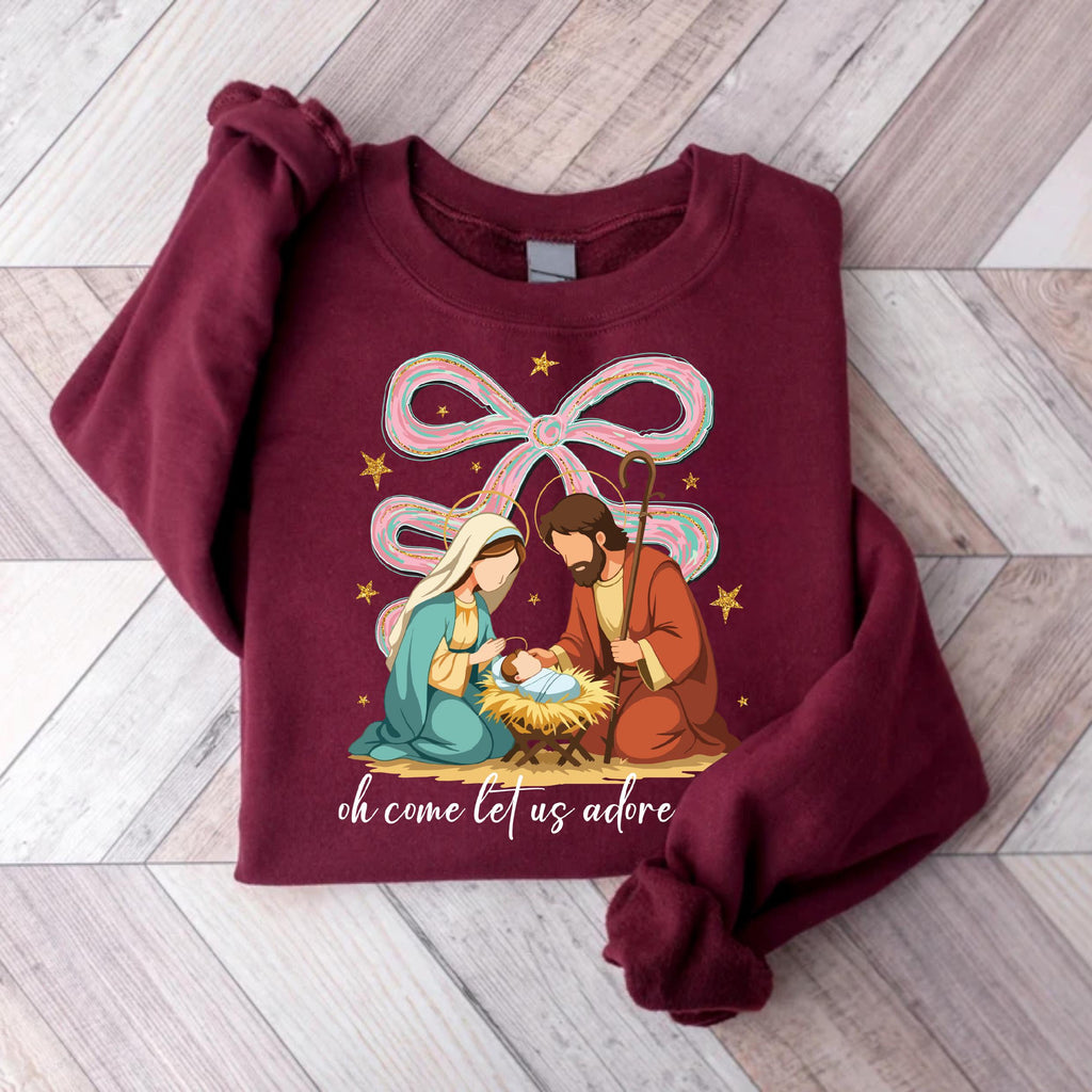 Jesus Christmas Coquette Bow Sweatshirt, Oh Come Let Us Adore Him Shirt, Nativity Scene Sweatshirt