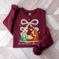Jesus Christmas Coquette Bow Sweatshirt, Oh Come Let Us Adore Him Shirt, Nativity Scene Sweatshirt