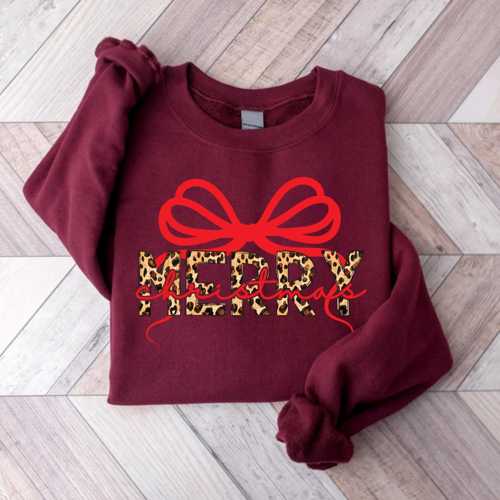 Coquette Leopard Merry Christmas Sweatshirt, Merry Christmas Shirt, Preppy Christmas Sweatshirt