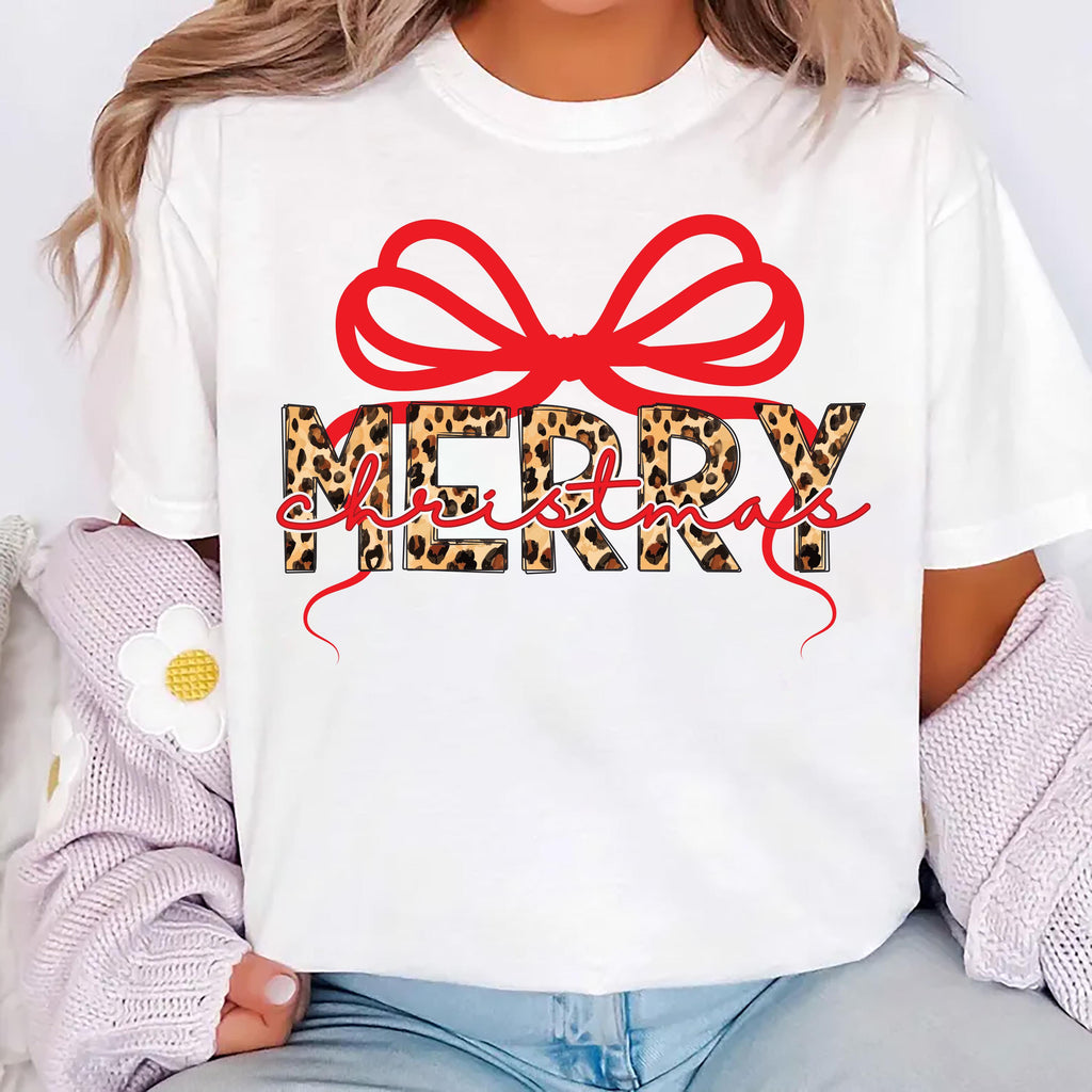 Coquette Leopard Merry Christmas Shirt, Merry Christmas Shirt, Preppy Christmas Tee