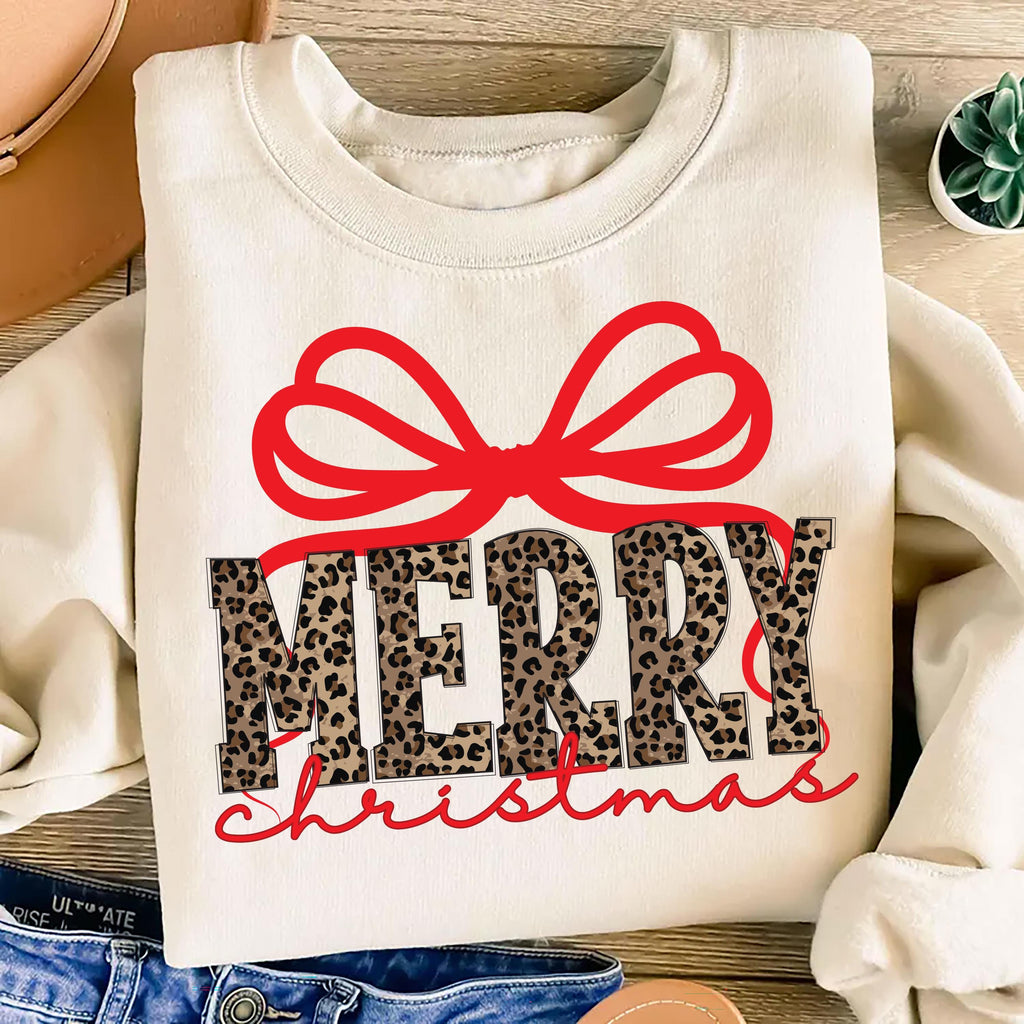 Coquette Leopard Merry Christmas Sweatshirt, Merry Christmas Shirt, Preppy Christmas Sweatshirt