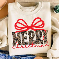Coquette Leopard Merry Christmas Sweatshirt, Merry Christmas Shirt, Preppy Christmas Sweatshirt