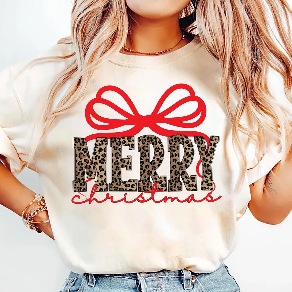 Coquette Leopard Merry Christmas Shirt, Merry Christmas Shirt, Preppy Christmas Tee