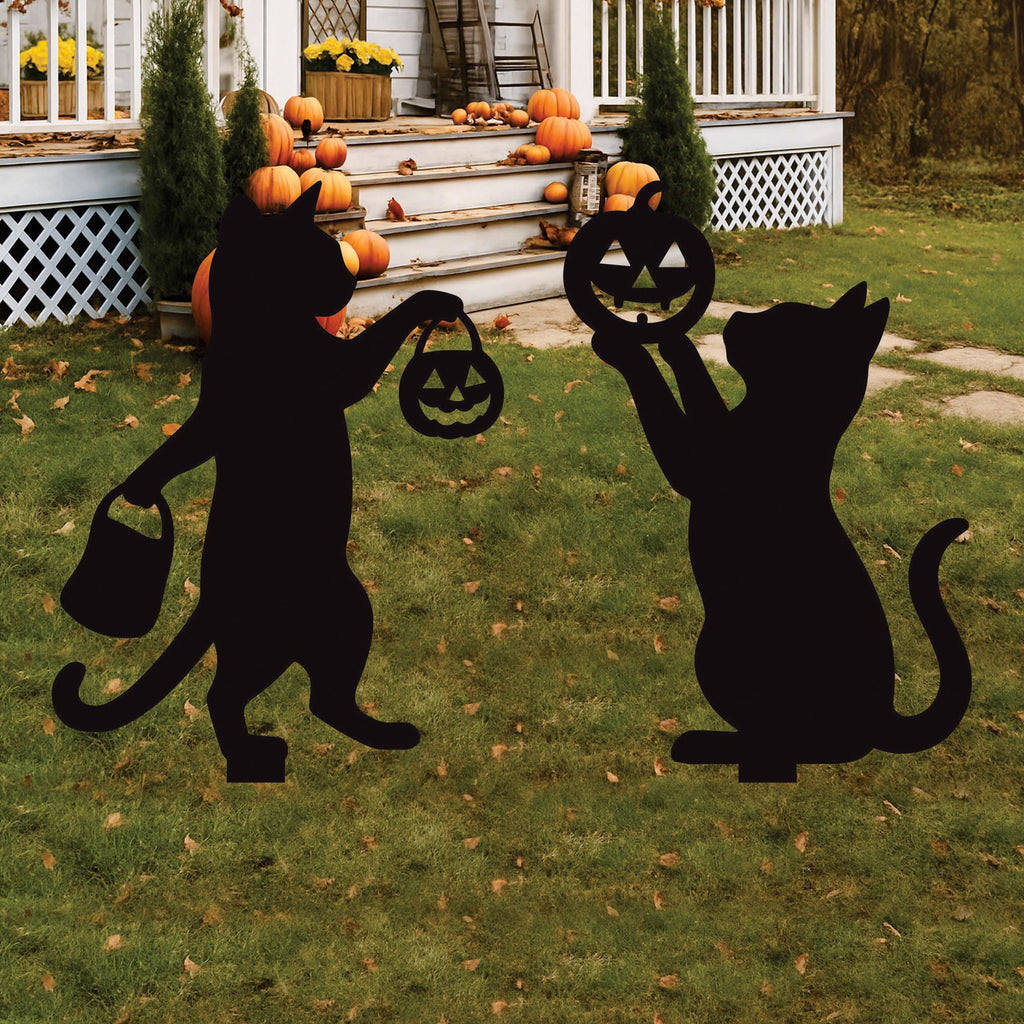 Halloween Black Cat Yard Signs, 2Pcs Metal Cat Pumpkin Silhouette Stakes, Outdoor Halloween Garden Decoration, Spooky Lawn Party Decor