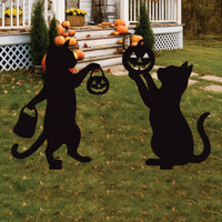 Halloween Black Cat Yard Signs, 2Pcs Metal Cat Pumpkin Silhouette Stakes, Outdoor Halloween Garden Decoration, Spooky Lawn Party Decor