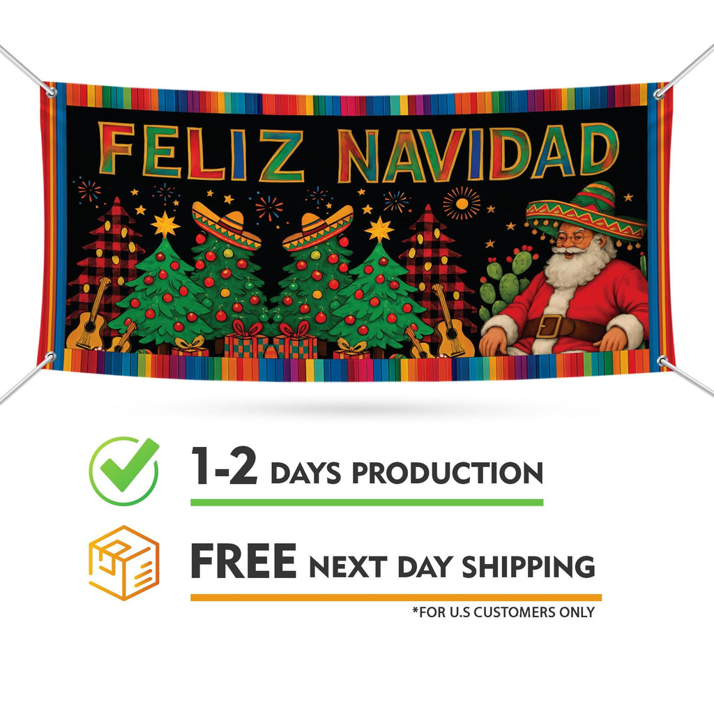 Feliz Navidad Fence Banner, Mexican Christmas Spanish Yard Hanging Sign, Winter Holiday Party Decoration Vinyl Banner with Metal Grommets