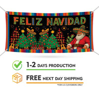 Feliz Navidad Fence Banner, Mexican Christmas Spanish Yard Hanging Sign, Winter Holiday Party Decoration Vinyl Banner with Metal Grommets
