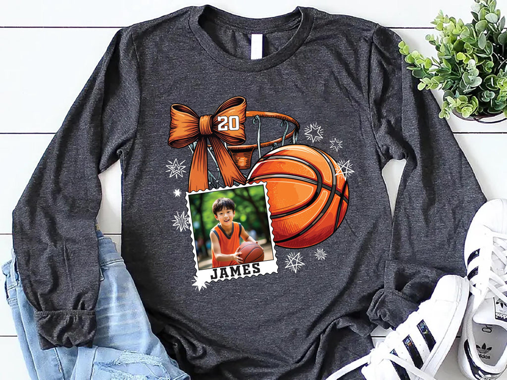 Coquette Bow Basketball Custom Name and Photo Shirt, Basketball Mom Shirt, Personalized Sports Dad Tee