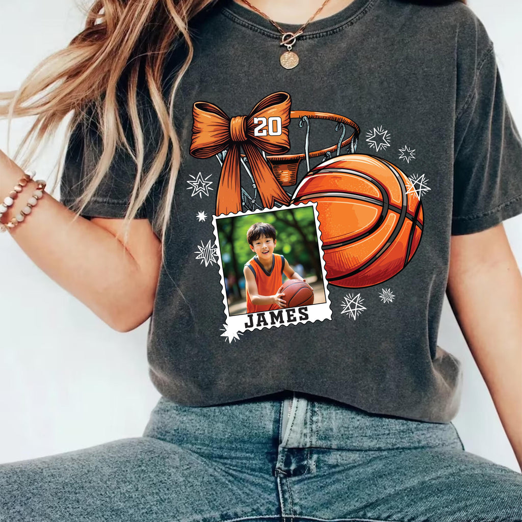 Coquette Bow Basketball Custom Name and Photo Shirt, Basketball Mom Shirt, Personalized Sports Dad Tee